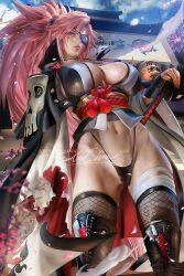1girls baiken big_breasts boots breasts cherry_blossoms eye_patch female female_only guilty_gear guilty_gear_strive guilty_gear_xrd jacket japanese japanese_clothes japanese_clothing katana long_hair muscular muscular_female panties partially_clothed pink_eyes pink_hair pov_eye_contact sakimichan scar scar_across_eye solo thick_thighs thighhighs thong upper_body