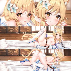 :3 animal_ear_fluff animal_ears anus arm_support ass bangs bell blonde_hair blush breasts cat_ears cat_tail chinese_commentary commentary_request condom condom_in_mouth condom_wrapper dakimakura_(medium) detached_sleeves eyebrows_visible_through_hair feet female floral_print flower full_body genshin_impact hair_flower hair_ornament highres indoors jingle_bell kemonomimi_mode leg_hold long_hair long_sleeves looking_at_viewer lumine_(genshin_impact) lying mouth_hold multiple_views nipples no_shoes nude on_side parted_lips pussy pussy_juice sliding_doors small_breasts smile tail tail_bell tail_ornament thighhighs top-down_bottom-up uncensored white_flower white_legwear wooden_floor yellow_eyes yutian_alice