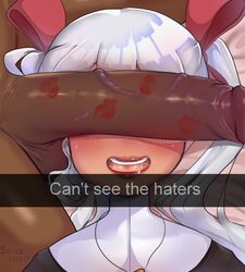 1boy 1girls big_penis blush can't_see_the_haters cant_see_the_haters dark-skinned_male dark_skin english_text interracial lipstick lipstick_on_penis nyura_(space_cuyo) open_mouth original original_character penis_over_eyes saliva snapchat space_cuyo text white_hair