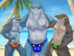 4:3 absurd_res anchor_(finding_nemo) anthro anthrofied balls_outline beach bruce_(finding_nemo) bulge chum_(finding_nemo) clothing detailed_bulge disney finding_nemo fish genital_outline gradient_background group hi_res invalid_tag looking_at_viewer male male/male marine nipples palm_tree penis_outline pixar plant sea seaside shark simple_background smile smiling_at_viewer swimwear teeth tree trio tropical water weso