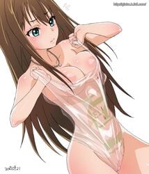 2010s 7-eleven bad_id bad_pixiv_id bag blue_eyes breasts brown_hair cameltoe covered_navel dutch_angle female ginko_(silver_fox) idolmaster idolmaster_cinderella_girls jewelry medium_breasts necklace plastic_bag plastic_bag_swimsuit revision see-through shibuya_rin simple_background solo tagme vagina white_background