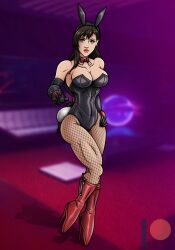 abs black_hair breasts couch detached_collar elbow_gloves fake_animal_ears fake_tail female final_fantasy final_fantasy_vii fishnet_legwear fit_female high_heel_boots large_breasts leotard long_hair low-tied_long_hair neon_lights neon_sign patreon patreon_logo re-maker red_eyes red_high_heel_boots remaker solo strip_club tifa_lockhart zipper_boots