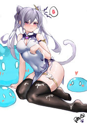 1girls blush cat_tail chinese_clothes cum cum_on_breasts genshin_impact keqing_(genshin_impact) nipple_bulge purple_eyes purple_hair rever slime slime_(genshin_impact) slime_monster tail thick_thighs thighhighs thighs twintails