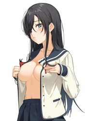 1girls black_hair blazer blue_eyes blush breasts clavicle cleavage closed_mouth covering_nipples eyes_visible_through_hair female female_focus female_only fingernails hair_over_one_eye high_resolution icarus_(632247131) jacket large_breasts light_background long_hair long_sleeves looking_at_viewer midriff mobile_wallpaper navel no_bra open_clothes open_shirt ore_wo_suki_nano_wa_omae_dake_ka_yo pansy_(oresuki) pleated_skirt sanshokuin_sumireko school_uniform serafuku sidelocks simple_background skirt solo uniform white_background