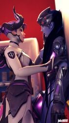 2girls 3d cornered domination exposed_breasts exposed_nipples highres imminent_kiss imp_mercy joke1597 looking_at_another mercy overwatch pinned widowmaker