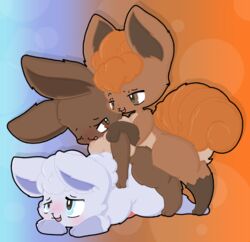 all_fours alolan_vulpix anal anal_sex blush brown_body canid canine doggy_style dustyspaghetti eevee feral from_behind_position fur genitals group group_sex hi_res lucky_pierre male male/male male_penetrated male_penetrating male_penetrating_male mammal multi_tail narrowed_eyes nintendo open_mouth penetration penis pokemon pokemon_(species) regional_form_(pokémon) sex smile sploot threesome train_position trio video_games vulpix white_body