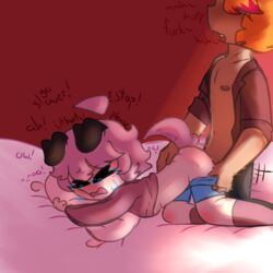 anthro barely_clothed blush blushing cajun_fox courage_the_cowardly_dog crying dog_ears doggy_style lifted_shirt moaning nonconsensual on_bed open_clothes orange_hair pillow_grab pink_hair pulled_down_pants purple_hair rape small_sub_big_dom tail