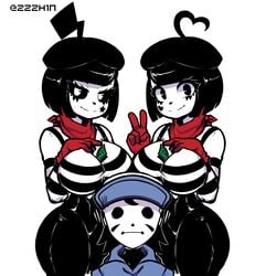 1boy 2girls 2girls1boy big_breasts black_eyes bonbon_(derpixon) breasts chuchu_(derpixon) dash_(derpixon) female huge_breasts male mime mime_and_dash mime_girl money money_between_breasts money_in_cleavage red_gloves red_scarf sisters thick thick_ass thick_thighs white_eyes