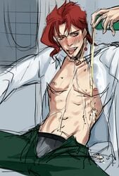 blush blush hard_nipples jojo's_bizarre_adventure male_only noriaki_kakyoin open_clothes open_pants open_shirt red_hair saku_(artist) smiling solo solo_male stardust_crusaders tongue_out wet