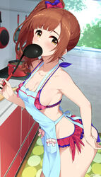 apron bent_over blush brown_hair cleavage female idolmaster idolmaster_cinderella_girls igarashi_kyouko kitchen looking_to_the_side medium_breasts mizuki_makoto side_ponytail sidelocks window yellow_eyes