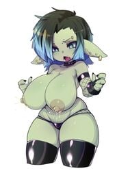 absurdres animal_ears black_collar black_hair black_legwear blue_hair blush breasts closed_mouth collar colored_skin commentary earrings female goblin goblin_female green_eyes green_skin highres huge_breasts jewelry lactating lactation large_breasts leora_(kibix1) multicolored_hair nipples original original_character pointy_ears short_hair shortstack simple_background single_earring slugbox solo solo_female tail thick_thighs thighhighs thighs two-tone_hair white_background