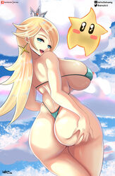 1girls alternate_version_available artist_name ass ass_grab back bare_shoulders big_ass big_breasts bikini black_eyes blonde_hair blue_bikini blue_eyes blush breasts crown delta26 earrings female hand_on_ass hi_res highres long_hair looking_at_viewer looking_back luma mario_(series) nintendo nipples nipples_visible_through_clothing open_mouth princess_rosalina sideboob sky smile super_mario_galaxy tagme thong video_games wide_hips