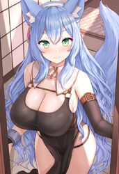 1girls absurdres animal_ears bangs bare_shoulders blue_hair blush breasts cleavage detached_collar doorway dress elbow_gloves female fox_ears fox_tail green_eyes highres huge_breasts long_hair looking_at_viewer original oxenia smile solo standing