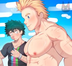 2boys blonde_hair blush fermrviper gay girl_staring_at_guy's_chest green_hair izuku_midoriya looking_at_chest male male_only meme mirio_togata muscles muscular muscular_male my_hero_academia nipples pecs pectorals yaoi