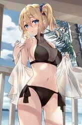 asymmetrical_hair bare_shoulders bikini black_bikini black_swimsuit blonde_hair blue_eyes blue_nails blush breasts clavicle cleavage cloud cowboy_shot day female gluteal_fold groin hair_between_eyes hair_ornament hair_scrunchie halterneck hayasaka_ai head_tilt high_resolution kaguya-sama_wa_kokurasetai_~tensai-tachi_no_renai_zunousen~ large_breasts long_hair looking_at_viewer nail_polish navel off_shoulder open_clothes outdoors parted_lips ponytail sakura_honoka_(srhk0623) scrunchie see-through side-tie_bikini side_ponytail sideboob sidelocks solo standing stomach swimsuit tagme thighs tied_hair tree turtleneck turtleneck_bikini very_high_resolution wet