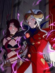 alternate_costume aura black_sclera breasts brown_hair choker cleavage corruption crown dorothea_arnault dorothea_arnault_(plegian) edelgard_von_hresvelg edelgard_von_hresvelg_(hegemon_husk) evil_smile eyes female female_focus female_only fire_emblem fire_emblem:_three_houses fire_emblem_heroes glowing grima_(fire_emblem) jewelry large_breasts long_hair post-timeskip red_eyes sabergoeta smile tattoo white_hair