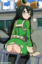 1girls arm_support artist_name ass ass_focus bangs barryfactory big_ass bodysuit boots clothed clothed_female clothing exposed exposed_anus exposed_ass exposed_pussy female female_only frog_girl from_behind fully_clothed gloves goggles goggles_on_head green_hair hair_between_eyes hero_outfit_(mha) highres light-skinned_female light_skin long_hair looking_back low-tied_long_hair my_hero_academia no_panties petite railing ripped_bodysuit ripped_clothing round_ass shiny shiny_hair shiny_skin ship sitting skin_tight skindentation smaller_female smile solo solo_female solo_focus stool_position text thighhighs tied_hair torn_clothes tsuyu_asui watermark wavy_mouth