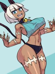 1girls 2021 abs athletic bell_collar belly_button big_breasts black_panties blue_eyes bra cat_ears catgirl collar dark-skinned_female dark_skin erect_nipples nadia_fortune nipple_bulge nipples painting_fish panties scar skullgirls smile solo_female tail thick_ass white_hair