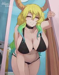 alternate_version_available bare_arms bare_shoulders bare_thighs bikini black_bikini black_swimsuit blonde_hair blush breasts ceiling choker clavicle clothing cowboy_shot dragon_girl dragon_horns eyebrows_visible_through_hair female female_only female_solo hair_between_eyes high_resolution horns indoors large_breasts leaning_forward light-skinned light-skinned_female long_hair miss_kobayashi's_dragon_maid monster_girl multicolored_hair navel niksoncrazy quetzalcoatl_(dragon_maid) smile solo swimsuit thighs very_high_resolution