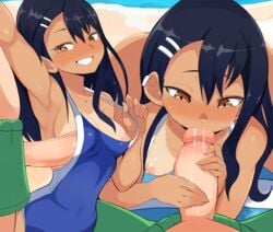 1boy 1girls 2021 areolae arm_up armpits artist_signature beach blue_swimsuit blush brown_eyes competition_swimsuit ear_piercing erect_nipples fellatio female female_focus hairclip hand_on_penis hayase_nagatoro hi_res jellcaps large_penis male naoto_hachioji_(senpai) nipples one-piece_swimsuit oral penis penis_out perky_breasts petite playing_skinflute please_don't_bully_me,_nagatoro small_breasts smug smug_face swimsuit tan tan-skinned_female tan_skin tanline tanlines teenager thick_penis water