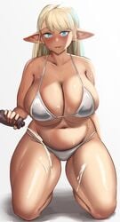 1girls bbw big_breasts bikini blonde_hair blue_eyes blush bra breasts chubby chubby_female cleavage curvy elf elf-san_wa_yaserarenai elfuda female female_only huge_breasts humanoid looking_at_viewer lotion pale-skinned_female pale_skin panties plump pointy_ears roresu smiling_at_viewer solo thick_thighs voluptuous wide_hips