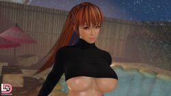 1girls 3d 4k absurdres areolae big_breasts blender breasts cleavage dead_or_alive female female_only highres kasumi_(doa) laosduude large_breasts long_hair nipples red_hair redhead solo sweater turtleneck turtleneck_sweater underboob underboob_sweater