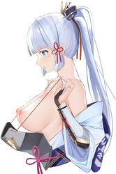 arm_guards armor bangs blue_eyes blue_nails blunt_bangs blush breastplate breasts bridal_gauntlets closed_mouth cropped_torso eyebrows_visible_through_hair female fingernails from_side genshin_impact hair_ribbon highres kamisato_ayaka large_breasts long_fingernails long_hair long_sleeves looking_down md5_mismatch mole mole_under_eye muka_tsuku nail_polish nipples off_shoulder open_clothes ponytail red_ribbon ribbon sidelocks silver_hair solo