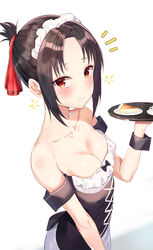 albi bangs bare_shoulders black_hair blush bow breasts clavicle cleavage clothing dress female food frills hair_ornament_removed half-closed_eyes headdress high_resolution kaguya-sama_wa_kokurasetai_~tensai-tachi_no_renai_zunousen~ looking_at_viewer maid maid_headdress parted_bangs plate red_eyes shinomiya_kaguya simple_background small_breasts solo standing strapless tagme tied_hair very_high_resolution waitress white_background