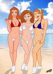 3girls beach bikini chancero cleavage clothing crossover danny_phantom disney disney_channel female female_only human jazz_fenton kim_possible kimberly_ann_possible multiple_females multiple_girls nickelodeon outdoors public red_hair revealing_clothes sam_(totally_spies) sand totally_spies water