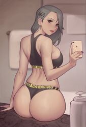 1girls 2d ass asura_(artist) atlus big_ass black_bra black_panties bra brown_eyes clothing dat_ass female female_only grey_hair large_ass light-skinned_female light_skin long_hair looking_at_viewer looking_back matching_underwear pale-skinned_female pale_skin panties persona persona_5 persona_5_royal phone purple_nails sae_niijima sega selfie solo