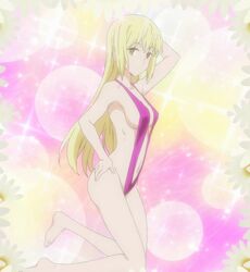 aiz_wallenstein ass bikini blonde_hair breasts dungeon_ni_deai_wo_motomeru_no_wa_machigatteiru_darou_ka female female_only high_resolution long_hair navel one-piece_swimsuit revealing_clothes screen_capture screencap sling_swimsuit solo stitched swimsuit tagme