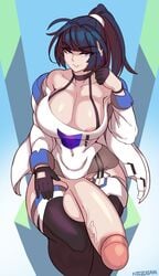 1futa areolae balls big_balls big_breasts bottomless breasts clothed clothing cock_pointing_towards_viewer erection futanari half-closed_eyes honkai_impact_3rd hourglass_figure large_breasts large_penis light-skinned_futanari light_skin looking_at_viewer nicecream partially_clothed penis raiden_mei solo solo_futa standing thick_thighs thighhighs wide_hips