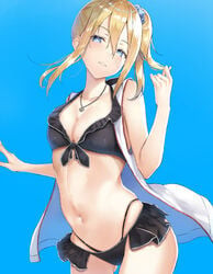 asymmetrical_hair bangs bikini black_bikini black_swimsuit blonde_hair blue_background blue_eyes blush breasts cleavage cowboy_shot eyebrows_visible_through_hair female groin hair_between_eyes hair_ornament hair_scrunchie hands_up hayasaka_ai head_tilt high_resolution irohakaede jacket jewelry kaguya-sama_wa_kokurasetai_~tensai-tachi_no_renai_zunousen~ long_hair looking_at_viewer medium_breasts multi-strapped_bikini navel necklace open_clothes open_jacket parted_lips ponytail scrunchie side_ponytail sidelocks simple_background sky sleeveless sleeveless_jacket solo stomach swimsuit tagme tied_hair white_jacket