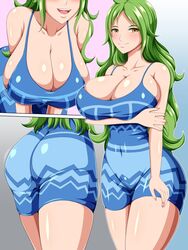 1girls arm_under_breast ass ass_focus bare_arms bare_legs bare_shoulders belly bent_over blue_dress blush booty breasts breasts_bigger_than_head butt_crack cleavage clothed collarbone curvaceous curvy dat_ass dress female female_only front_view green_hair hair high_resolution highres hips huge_ass huge_breasts k-trance koktter large_breasts legs long_hair looking_at_viewer midriff monet_(one_piece) naughty_face navel no_bra one_piece open_mouth revealing_clothes seductive shiny sideboob simple_background skimpy skindentation smile solo standing stomach teasing thick thick_thighs thighs voluptuous wide_hips