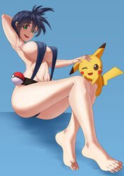 absurdres adapted_costume alternate_breast_size armpits asymmetrical_hair bare_arms bare_legs barefoot belt black_hair breasts cowboy_shot creatures_(company) feet female game_freak gen_1_pokemon gloves green_eyes gym_leader highres huge_breasts kasumi_(pokemon) large_breasts legs nintendo nipples pikachu pokémon_(species) poke_ball pokemon pokemon_(game) pokemon_(manga) pokemon_rgby ponytail short_hair side_ponytail simple_background sling_bikini smile solo spread_legs swimsuit the_electric_tale_of_pikachu thick_thighs thighs tied_hair toes tsa wide_hips