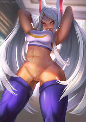 1girls afrotunaart alternate_version_available armpits bottomless bunny_ears crop_top dark-skinned_female dark_skin female female_only grin hands_behind_head long_hair miruko muscular_female my_hero_academia navel no_panties one_eye_closed pubic_hair pussy red_eyes rumi_usagiyama smile solo thick_thighs thighhighs very_long_hair white_hair