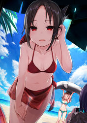 1boy 2girls ^_^ adjusting_hair archway_of_venus bangs beach bikini black_bow black_hair blonde_hair blue_bikini blue_sky blush bow breasts clavicle closed_eyes cloud day duo eyebrows_visible_through_hair eyes_visible_through_hair female frilled_bikini frilled_swimsuit frills fujiwara_chika game_console gluteal_fold group hair_ornament hair_ribbon hair_tucking hairbow hand_in_hair hand_on_leg hand_on_own_leg handheld_game_console happy high_resolution hood hood_down innertube ishigami_yu kaguya-sama_wa_kokurasetai_~tensai-tachi_no_renai_zunousen~ katoroku kneepits leaning_forward long_hair looking_at_viewer male medium_breasts multiple_girls navel ocean open_mouth outdoors palm_tree parted_bangs playstation_vita purple_hair red_bikini red_eyes red_ribbon red_swimsuit ribbon sarashi sarong see-through shark shinomiya_kaguya shiny shiny_hair short_hair sitting sky small_breasts smile solo_focus sony standing stomach strong summer swimsuit tagme tree trio umbrella very_high_resolution video_game water wet wet_hair white_hair