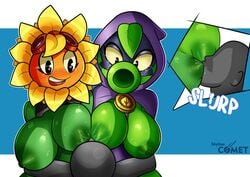 2girls breast_sucking green_shadow_(pvz) huge_breasts human interspecies multiple_girls peashooter_(pvz) plant plant_girl plantie plants_vs_zombies plants_vs_zombies:_heroes popcap_games skyline_comet solar_flare_(pvz) two_nipples_one_mouth