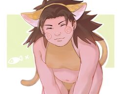 1boy akimichi_chouji arched_back artist_request bare_arms bare_shoulders belly belly_button bent_over bikini bikini_bottom bikini_top brown_hair cat_boy cat_ears cat_tail catboy chubby chubby_male closed_eyes crop_top crossdressing cute ear_piercing earrings fake_animal_ears fake_tail femboy femboy_with_breasts g-string long_hair male male_only naruto naruto_(classic) naruto_(series) naruto_shippuden navel pale-skinned_male pale_skin panties pinup shounen_jump sissy smile smiling solo solo_focus solo_male swimsuit thick_thighs thighs yellow_bikini yellow_panties yellow_swimsuit yellow_thong