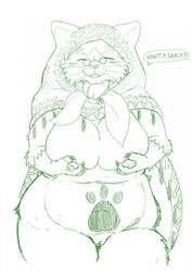 anthro asking big_breasts breasts capcom claws closed_eyes clothing dialogue dktorzi domestic_cat eyebrows eyewear eyewear_on_head felid feline felis felyne female finger_claws fingers fur genitals glasses glasses_on_head grammeowster_chef hi_res huge_breasts lynian mammal mature_female monster_hunter nipples nude open_mouth overweight overweight_anthro overweight_female palico paws pussy scarf solo standing talking_to_viewer thick_thighs video_games