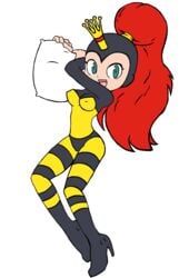 (original_artist_tbd) 1girls alpha_channel bee black bodysuit bumblebee crown earthworm_jim_(franchise) fairy female female_only green_eyes hair hi_res high_heel_boots high_heels no_nude pillow png princess princess_what's-her-name red_hair sallyx smile solo stripes transparent_background wasp yellow