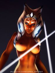 1girls ahsoka_tano big_breasts black_background blue_eyes breasts female_focus female_only japes jedi lightsaber navel nipples nude orange_skin pose simple_background skinny smile solo star_wars star_wars_rebels text togruta watermark