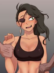 arm_grab brown_hair dark-skinned_female dark-skinned_male dark_skin eyepatch green_eyes gugora imminent_sex interracial league_of_legends nervous rape samira_(league_of_legends) sports_bra sweat