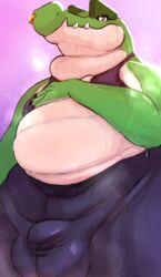 absurd_res anthro balls bodily_fluids clothed clothing crocodile crocodilian crocodylid digital_media_(artwork) genitals green_body hi_res invalid_tag looking_at_viewer male musk nsfsushi reptile scalie simple_background solo sweat yoga_pants