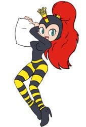 (original_artist_tbd) 1girls alpha_channel bee black bodysuit bumblebee earthworm_jim_(franchise) fairy female hi_res high_heel_boots high_heels png princess princess_what's-her-name red_hair sallyx solo stripes transparent_background wasp yellow