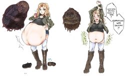 apitop bloated_belly blonde_hair bones bones_in_belly darjeeling death digestion drinking girls_und_panzer kay_(girls_und_panzer) pantyhose post_vore stomach_acid stomach_noises vore