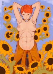 1girls abs alternate_costume armpits arms_behind_head bikini der_todesking embarrassed fire_emblem fire_emblem:_three_houses fire_emblem_heroes flower leonie_pinelli leonie_pinelli_(summer) looking_away medium_breasts muscular muscular_female nintendo nipples orange_bikini orange_eyes orange_hair orange_swimsuit pose short_hair solo sunflower swimsuit toned topless very_short_hair