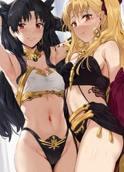 2021 2girls armpit_crease armpits arms_up belly_button black_hair black_panties black_topwear blonde_hair blush bow bow_in_hair breasts cameltoe clothed clothed_female deity earrings elegant embarrassed erect_nipples erect_nipples_under_clothes ereshkigal_(fate) fate/grand_order fate_(series) female female_focus female_only goddess hands_behind_head hews_hack highleg_panties hips hoop_earrings ishtar_(fate) ishtar_(fate/grand_order) long_black_hair long_blonde_hair long_hair looking_at_viewer midriff nervous nipples nipples_visible_through_clothing panties perky_breasts red_eyes see-through see-through_clothing simple_background sisters slim_waist small_breasts smile smiling_at_viewer sweat sweatdrop sweaty_body tearing_up thick_thighs thighs twintails white_background white_topwear