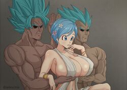 1girls 2010s 2boys axlexcima blue_eyes blue_hair bracelet breasts bulma_briefs cleavage dragon_ball dragon_ball_super dress efexcima female flower hair_flower hanging_breasts huge_breasts light-skinned_female light_skin male meme servants_holding_aphrodite's_breasts_(meme) short_hair son_goku super_saiyan_blue top_heavy vegeta