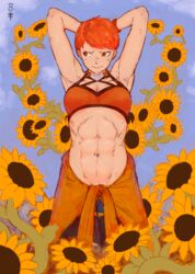 1girls abs alternate_costume armpits arms_behind_head bikini cleavage der_todesking embarrassed fire_emblem fire_emblem:_three_houses fire_emblem_heroes flower leonie_pinelli leonie_pinelli_(summer) looking_away muscular muscular_female nintendo orange_bikini orange_eyes orange_hair orange_swimsuit pose short_hair solo sunflower swimsuit toned very_short_hair